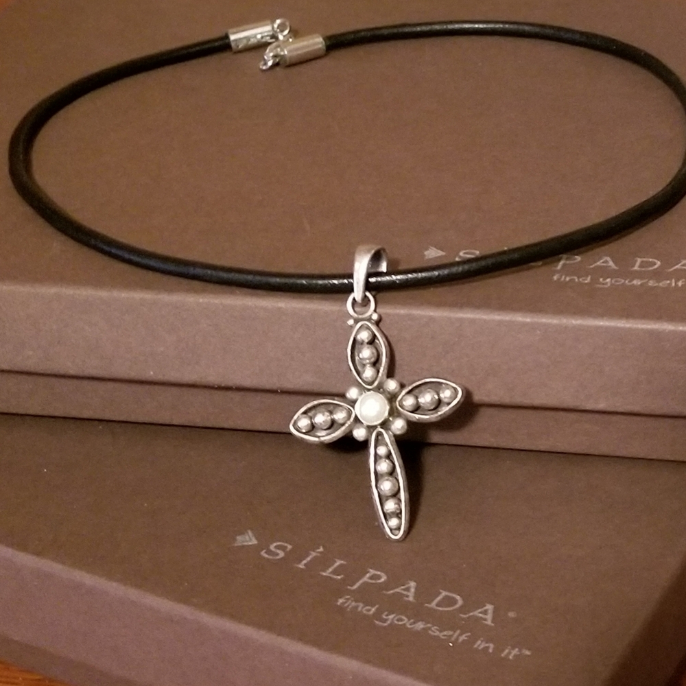 Silpada Sterling Silver & Leather Pearl Cross Necklace